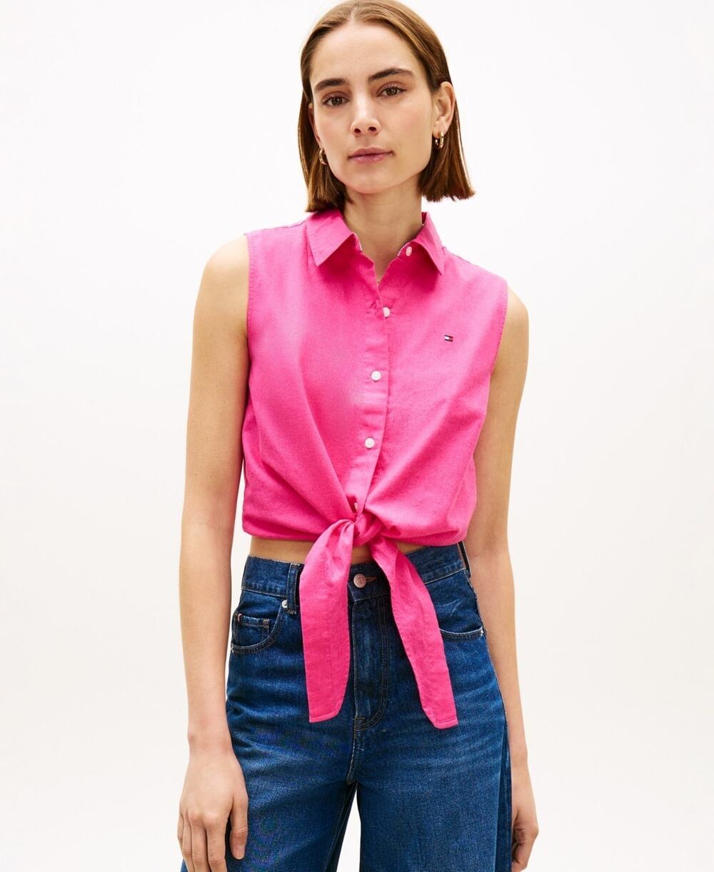 Tommy Hilfiger Women's Linen Knotted Collared Top Pink Size L 3927
